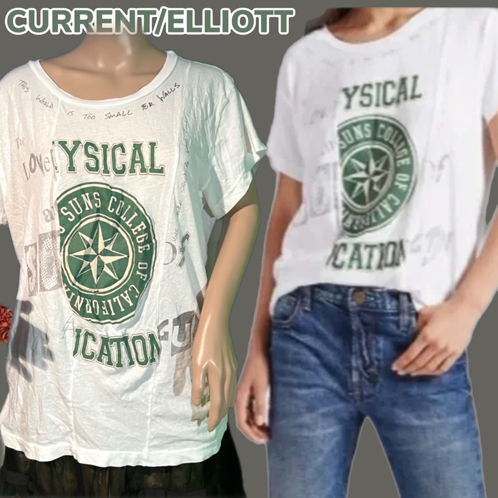 NWT $148 Distressed Current Elliott |Physical The Pieced Crewneck Tee in Sugar